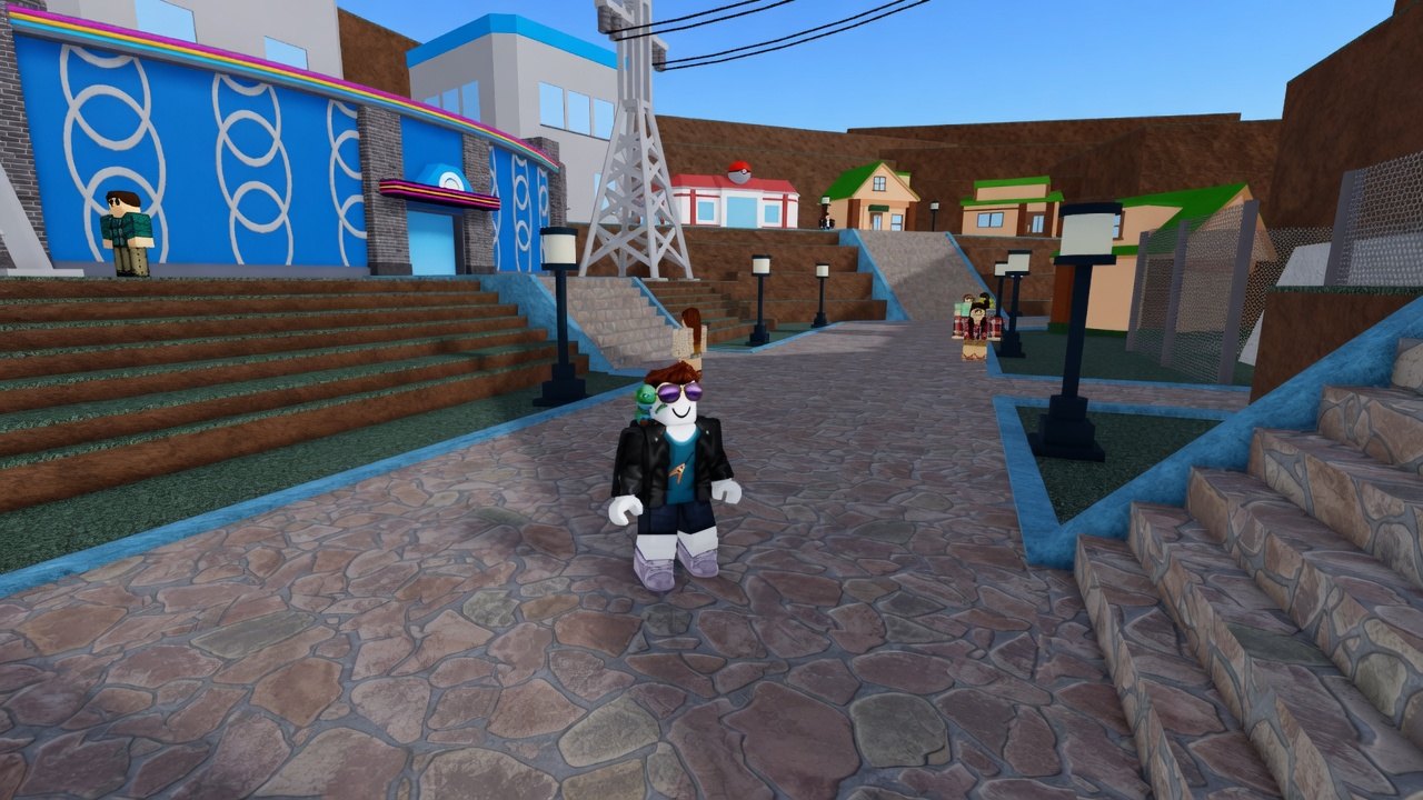 Trainer standing on the cobblestone street of Silvent City in Project Bronze Forever on Roblox